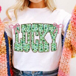 Lucky Shamrock Tee, St Patrick’s Lucky Varsity Tee, Clover Leopard Bow Tee